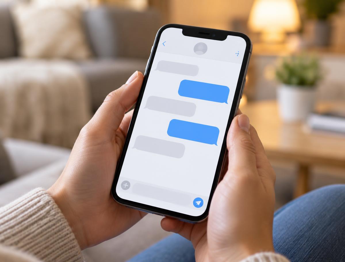 Hands holding a smartphone showing a generic messaging conversation